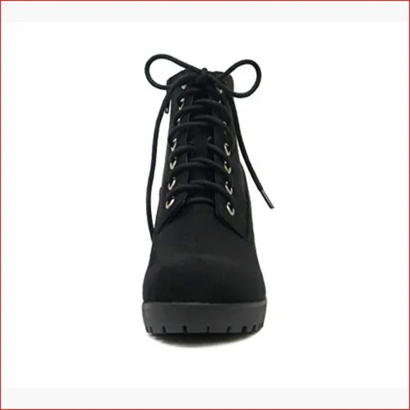Lug Sole Chunky Heel Combat Ankle Bootie Lace Up with Side Zipper - Picture 5 of 6